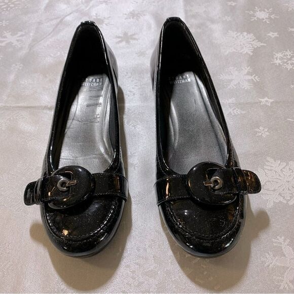 Stuart Weitzman Flats Buckle Toe Black Patent Leather Sz 9 some light toe scuff - Picture 1 of 7